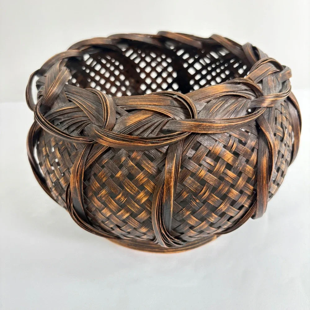 Vintage 80s Woven Bamboo Basket Brown Copper Braided Rim Decorative Bowl